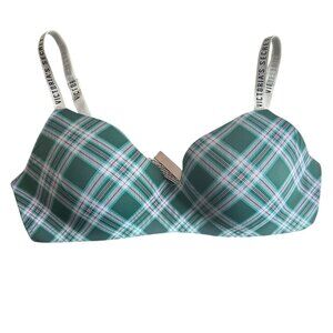 Victoria's Secret T-Shirt Lightly Lined Wireless Bra Size 40D Green Pink Plaid